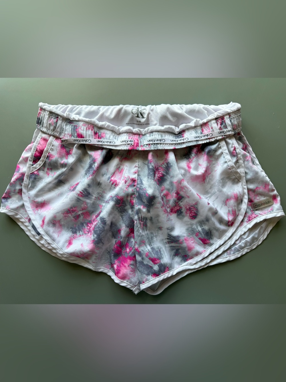 Calvin Klein White Shorts with Pink & Gray Tie-Dye Accents